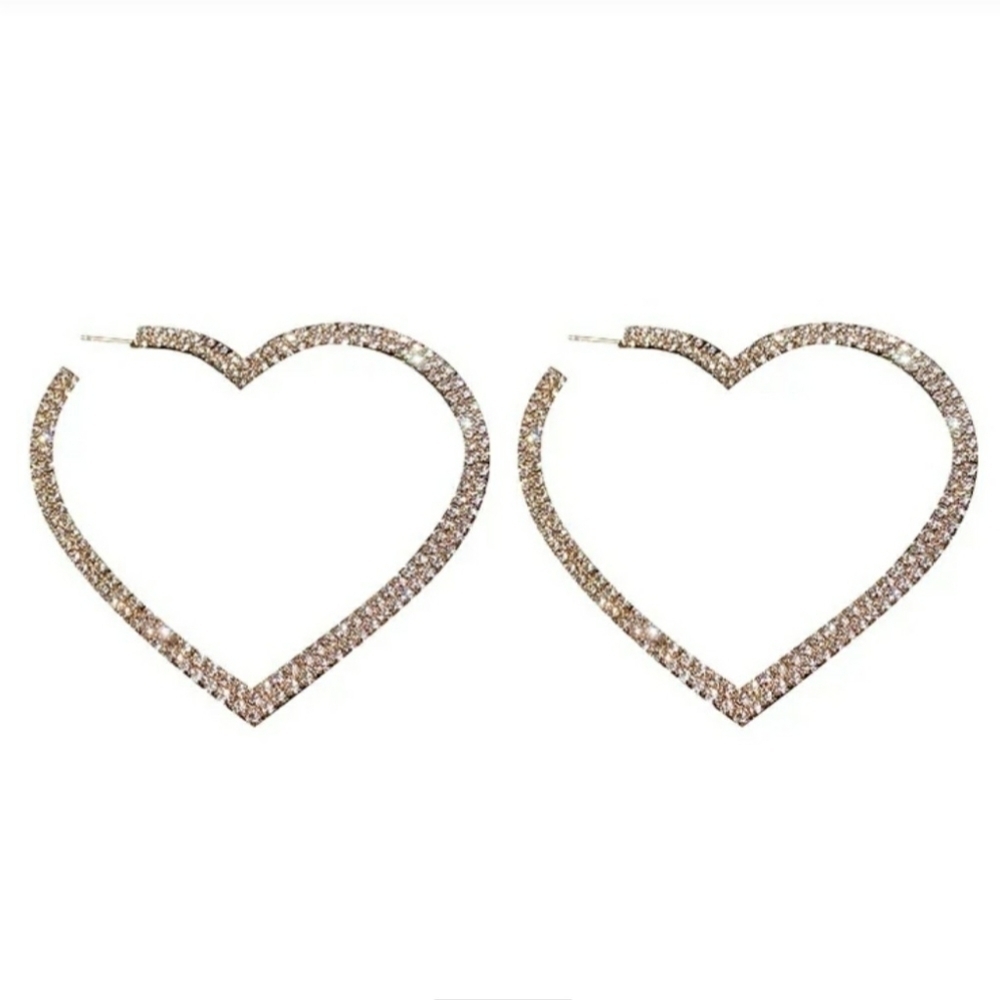 Gold Rhinestone Heart Hoop Earrings 925 Post Gold Tone Setting - Picture 6 of 10